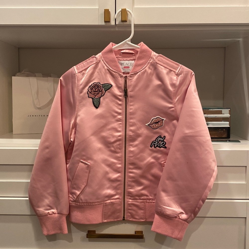 satin pink patch bomber varsity jacket